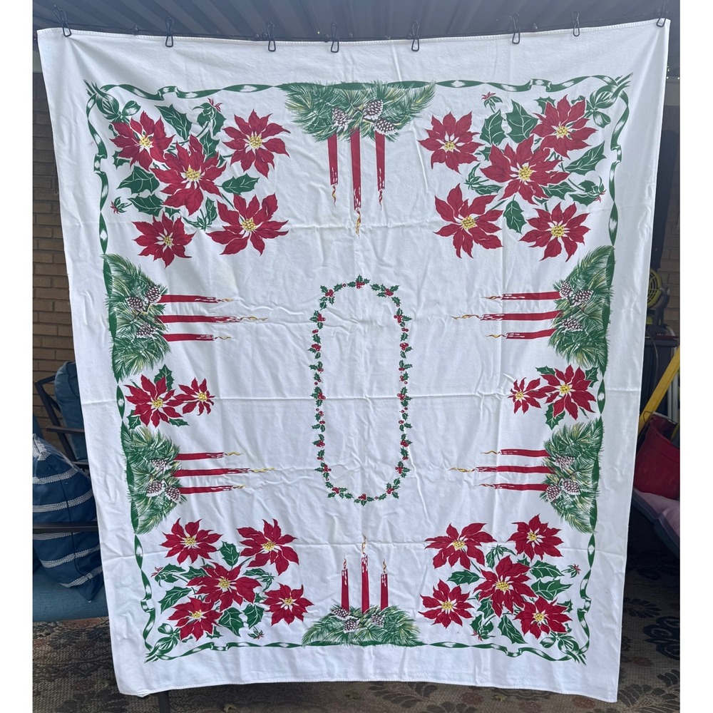 Vtg California Hand Print Christmas Tablecloth Poinsettias Holly Candles 63"x52"